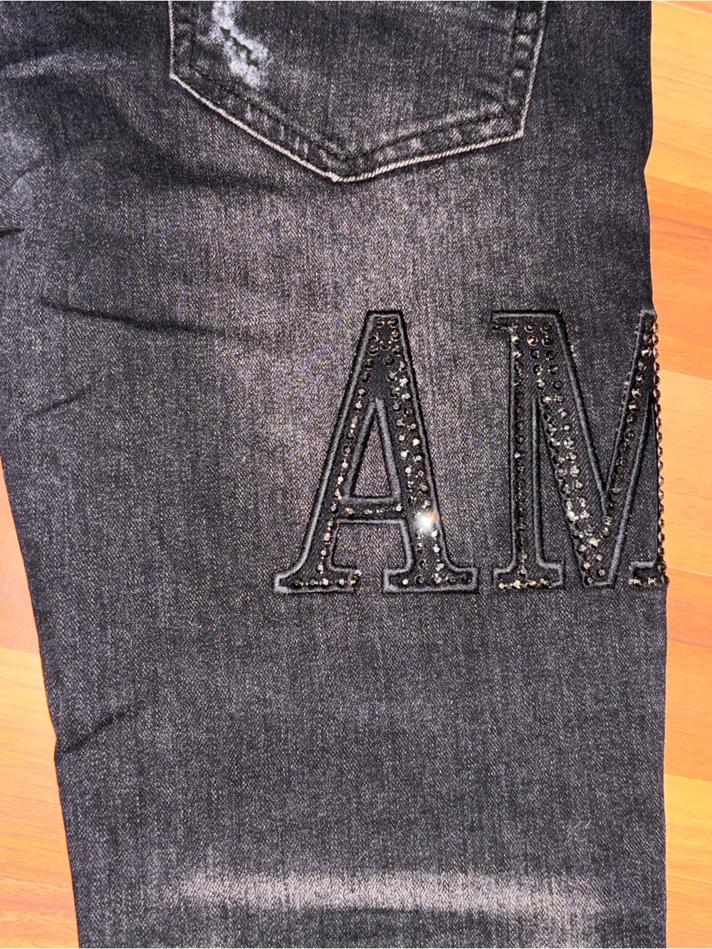 AMIRI Black Skinny Jeans with Rhinestone Lettering - Picture 6 of 7
